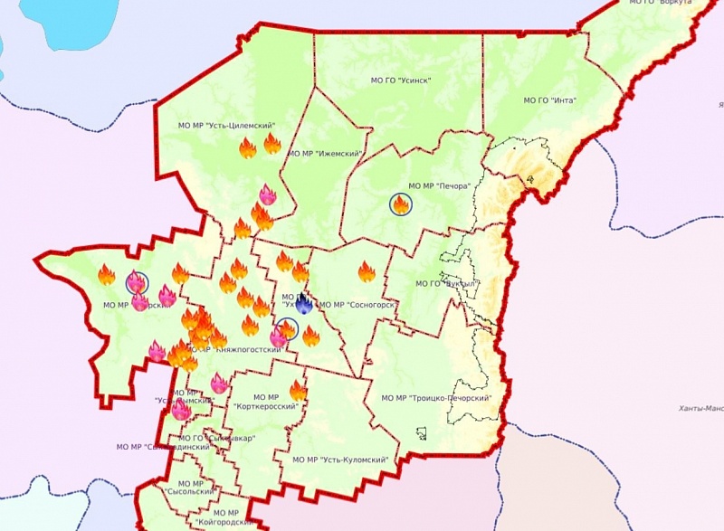  На территории МОГО «Ухта» действует четыре лесных пожара